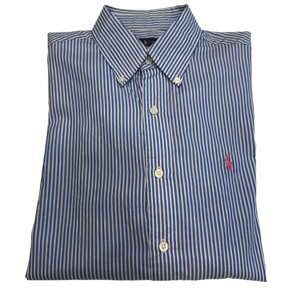 Ralph Lauren Mens M Blue & White Striped Long Sleeve Button Down Shirt Pink Pony - Picture 1 of 10